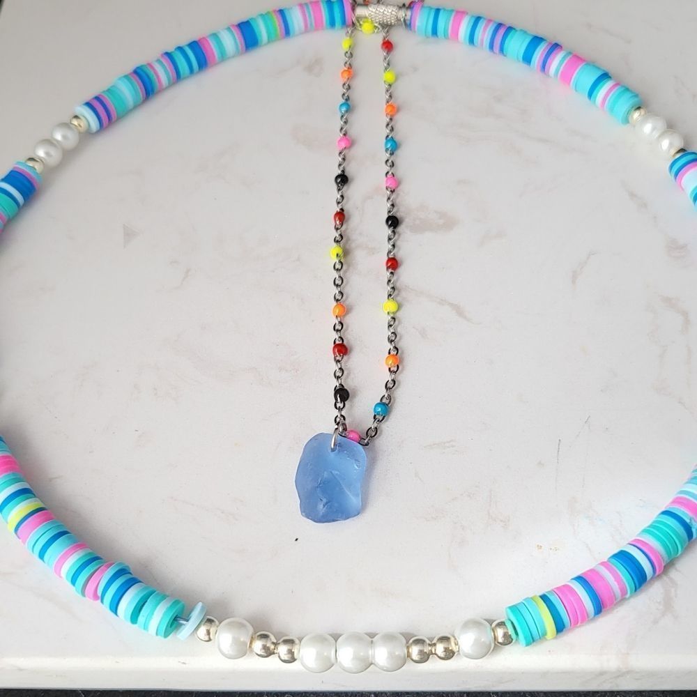 Handmade Doble layer necklace stainless steel and seaglass